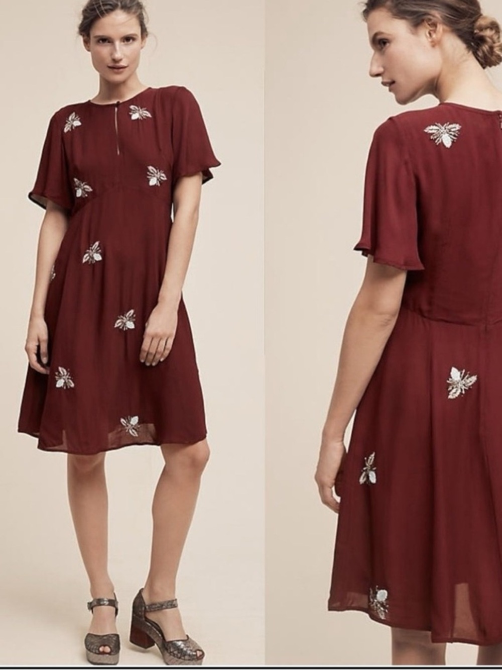 Moulinette Soeurs Anthropologie Embroidered Bee Silk Blend Dress Burgundy Size 2